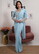 Lycra Sky Blue Wedding Wear Embroidery Work Ready To Wear Saree